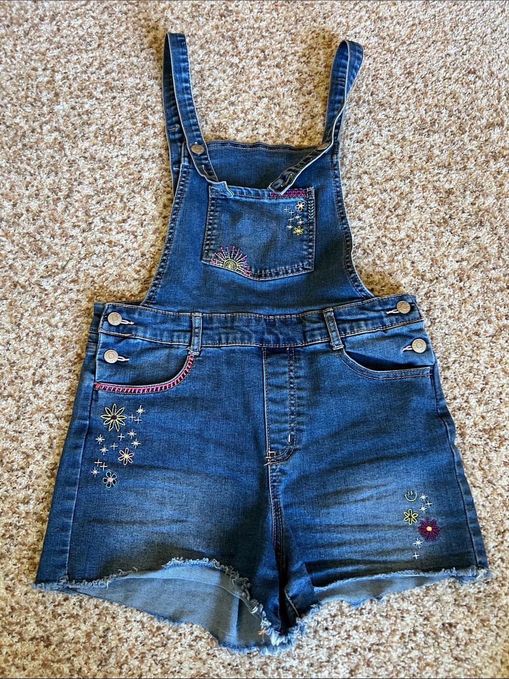 Girl’s Dark Denim Embroidered Short Overalls